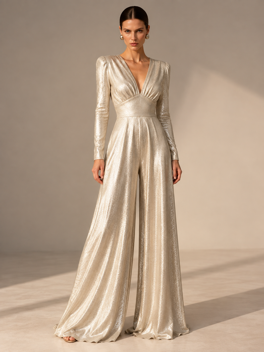 Champagne metallic wide-leg jumpsuit with long sleeves on model