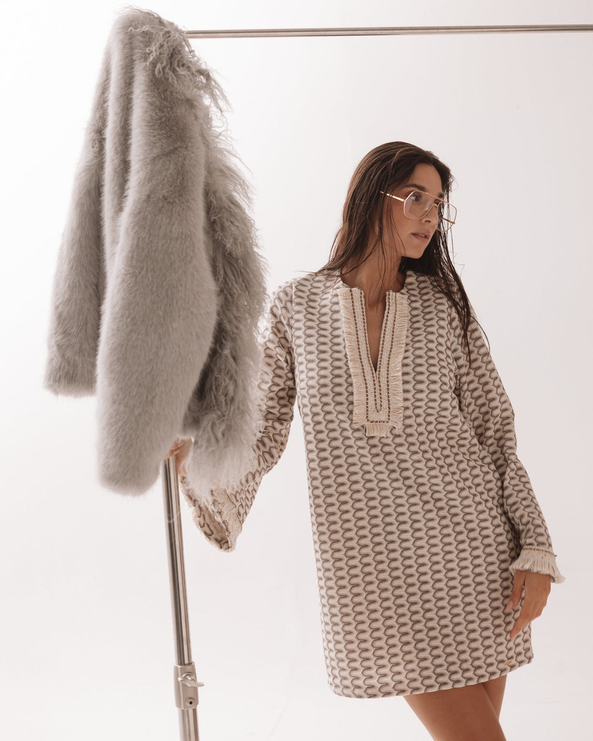 PHO Firenze V-Charmer cream geometric knit mini dress full length view