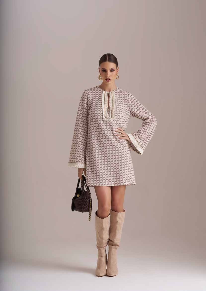 PHO Firenze V-Charmer cream geometric knit mini dress front view