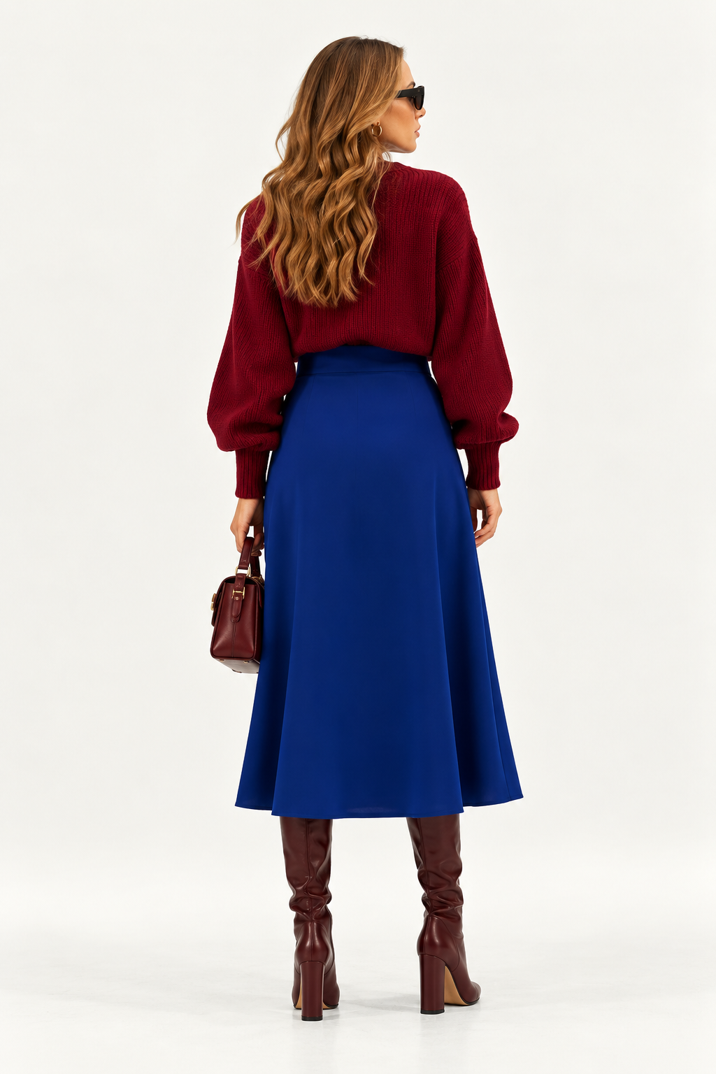 WE_ARE indigo A-line pleated midi skirt back view