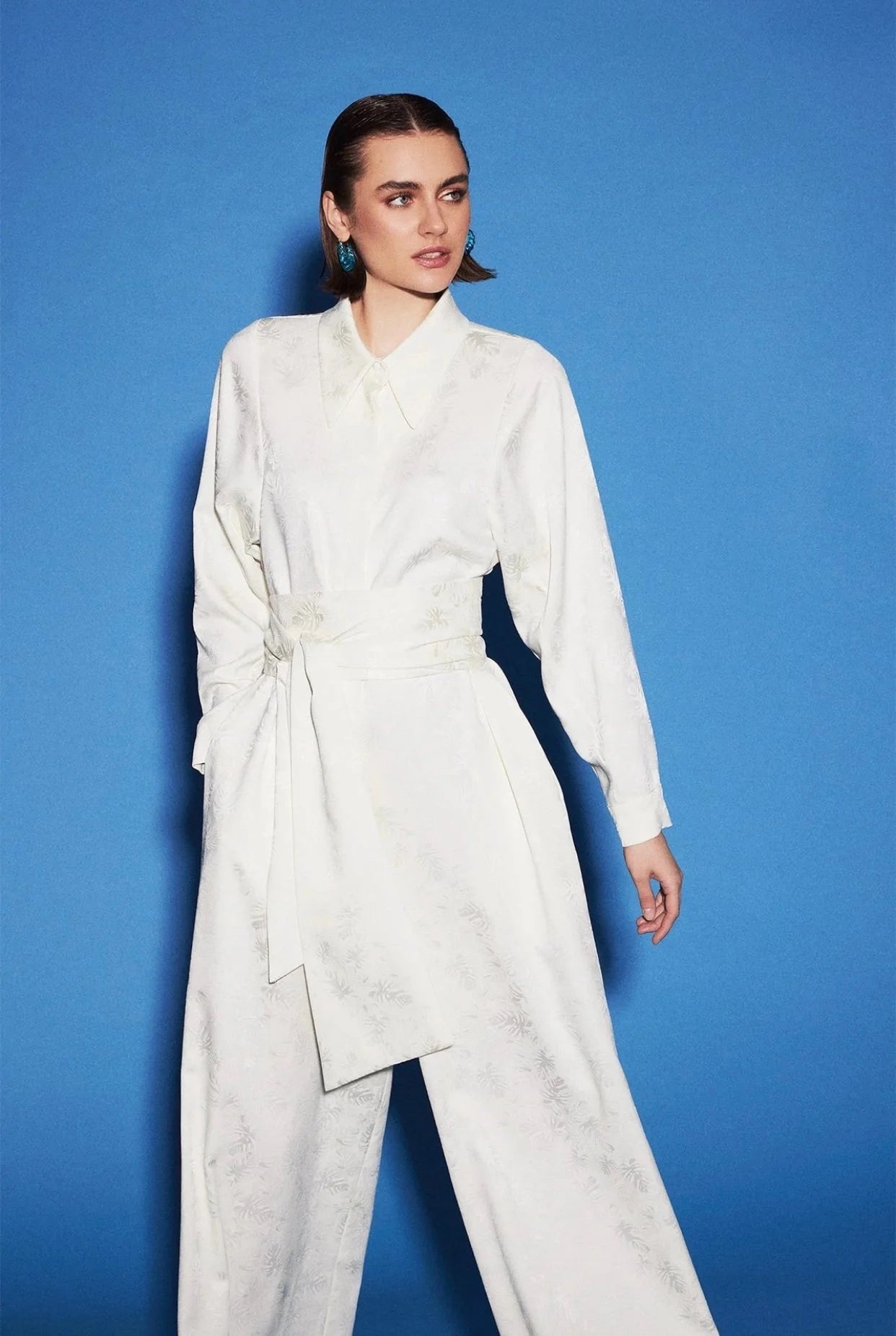 Jumpsuit White Palm Jacquard