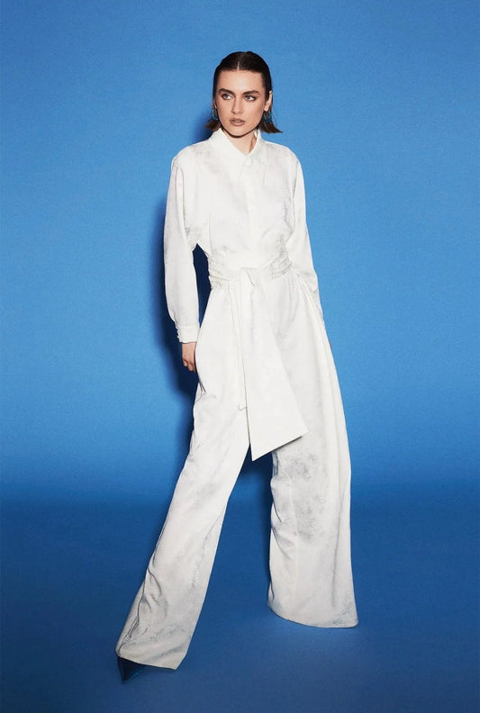 white palm jacquard jumpsuit