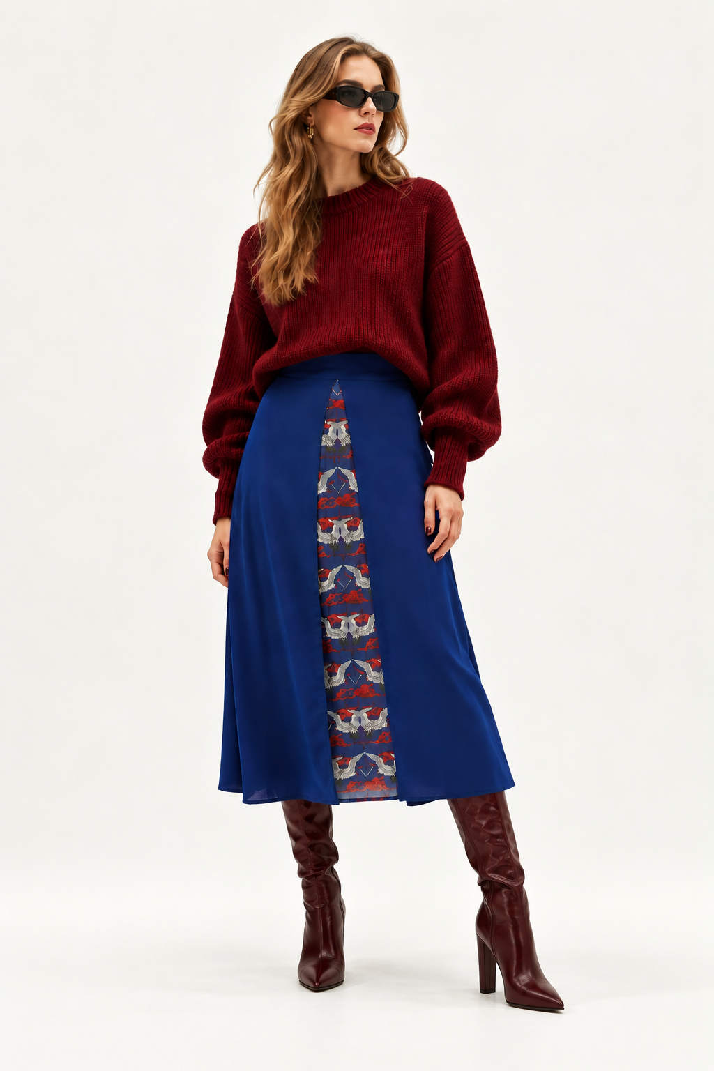 WE_ARE indigo midi skirt with pleated printed centre detail
