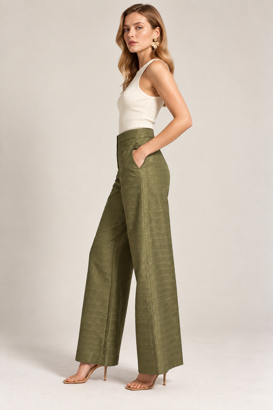 KateJo Collections olive green Tetris print trousers side view