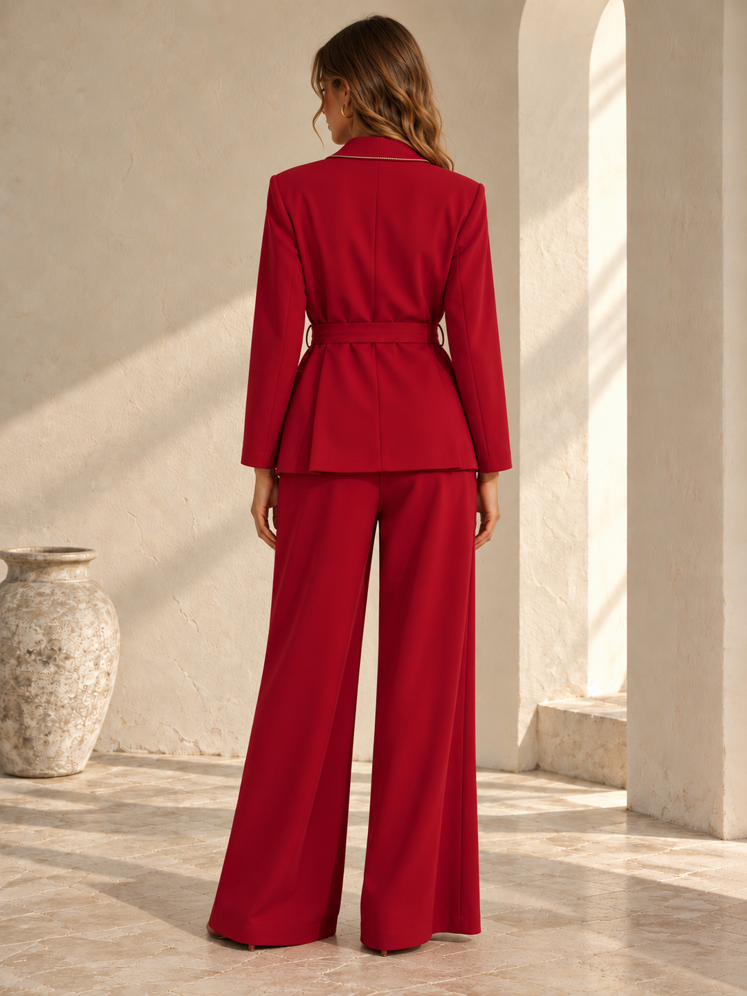 Back view of red wide-leg trousers with high-rise waistband