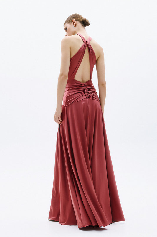 Elegant red halter gown open back