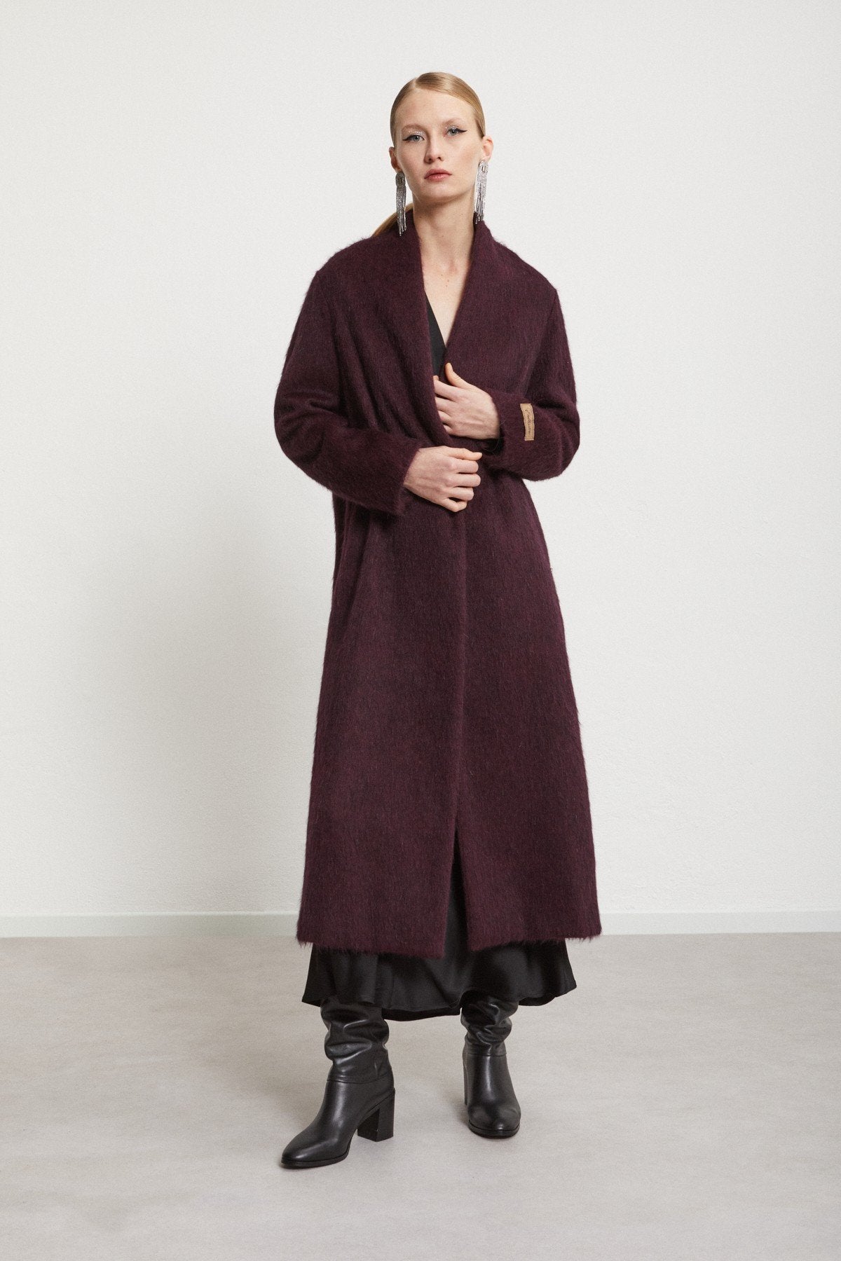 burgundy wool-blend long coat with belt, front product view