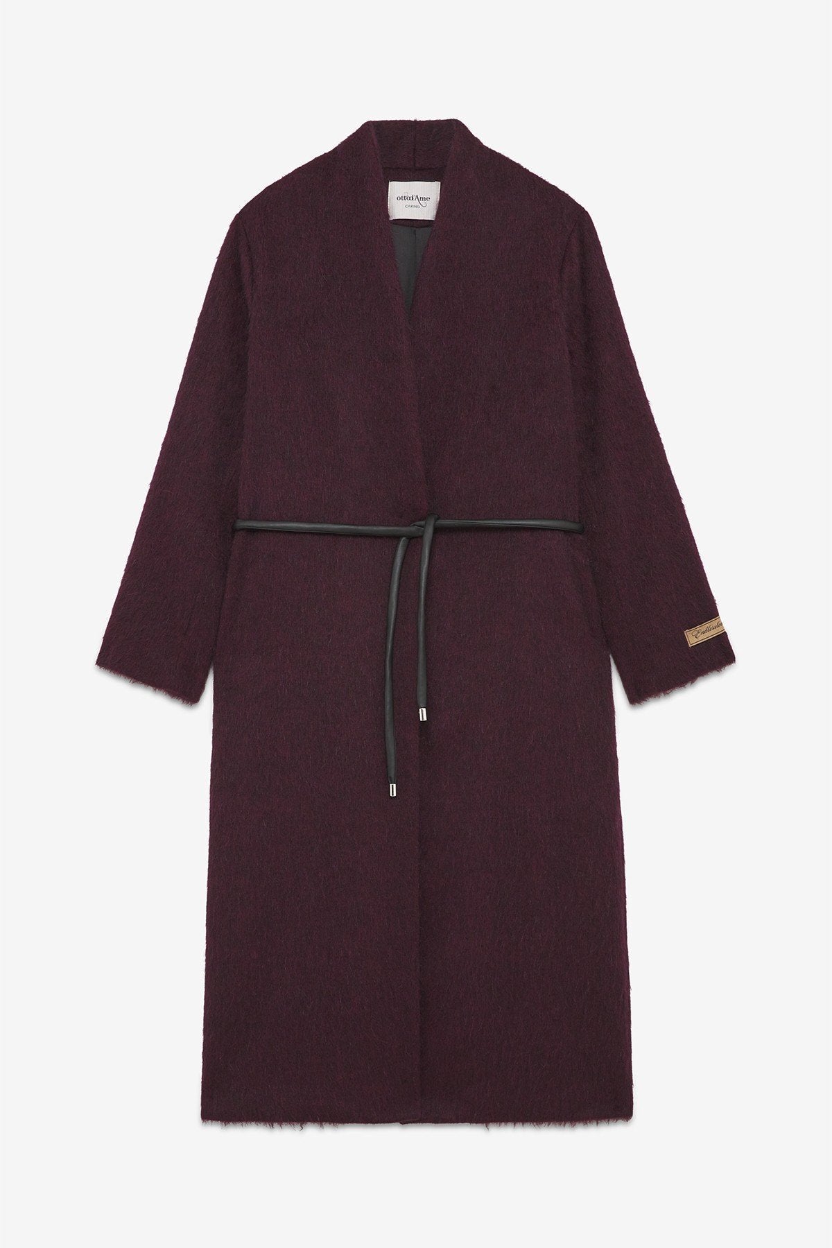 Ottod'Ame burgundy wool-blend long coat with belt, front product view.