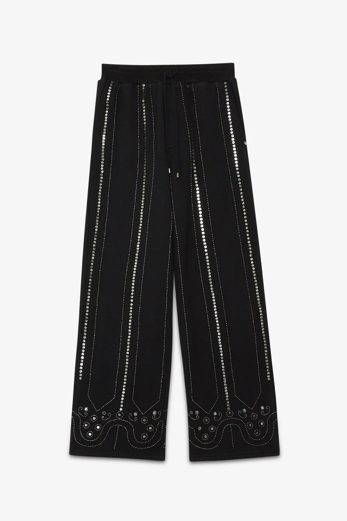 Detailed view of embellished hem on black Ottod’Ame trousers