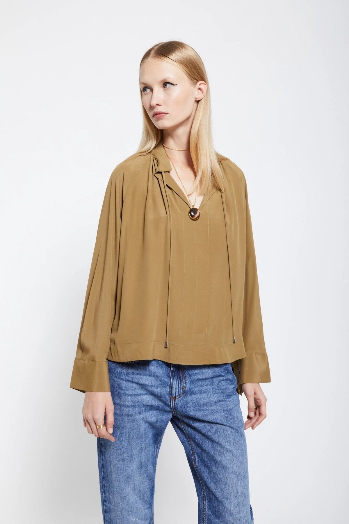 Ottod’Ame khaki brown blouse with drawstring neckline and long sleeves