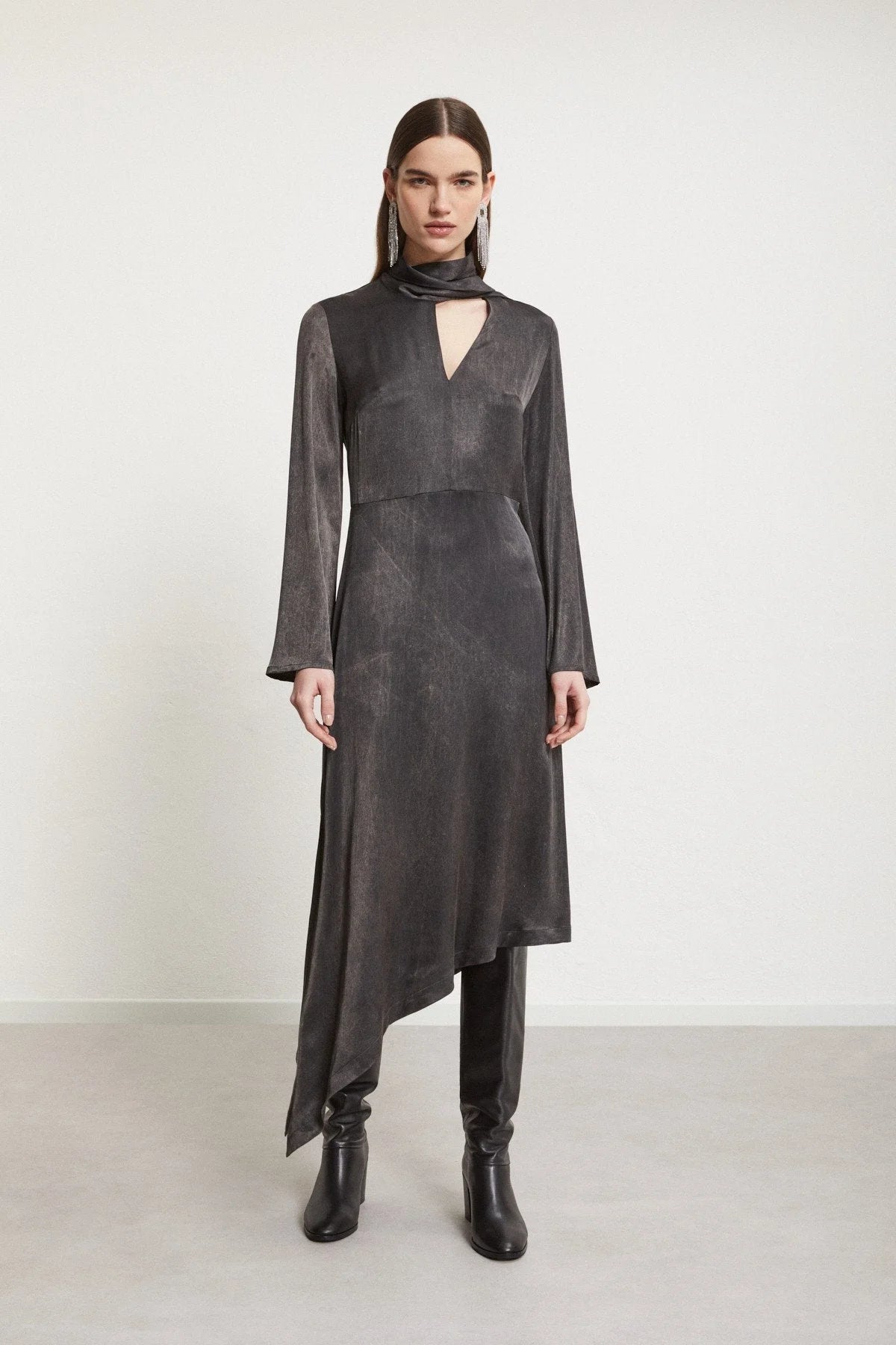 Ottod'Ame black high neck asymmetric maxi dress front view