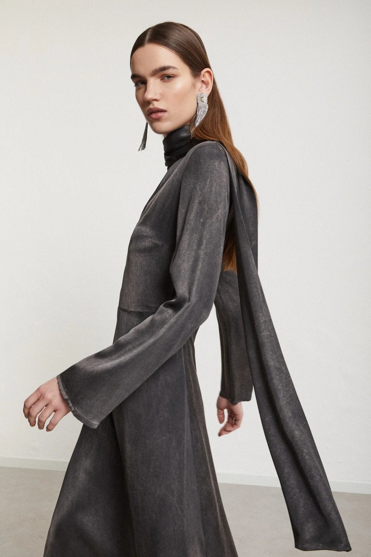 Ottod'Ame black asymmetric viscose maxi dress side view
