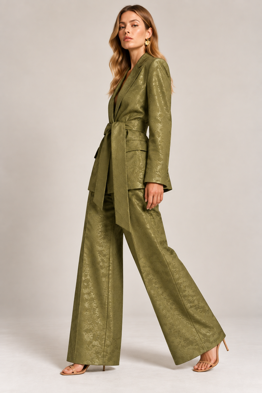 KateJo Collections olive green oversized blazer with matching belt