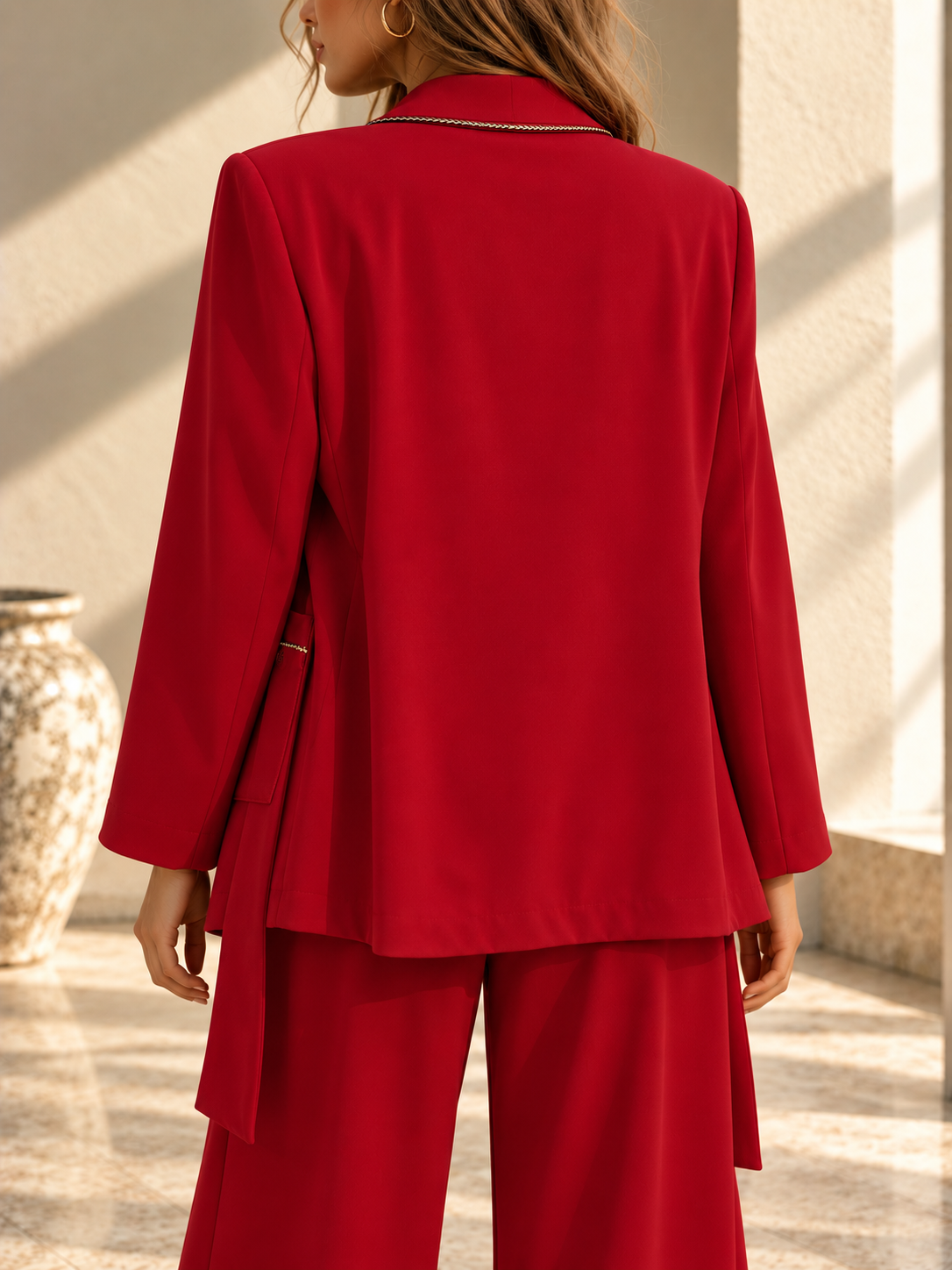 Back view of red wrap blazer with waist belt and gold chain trim