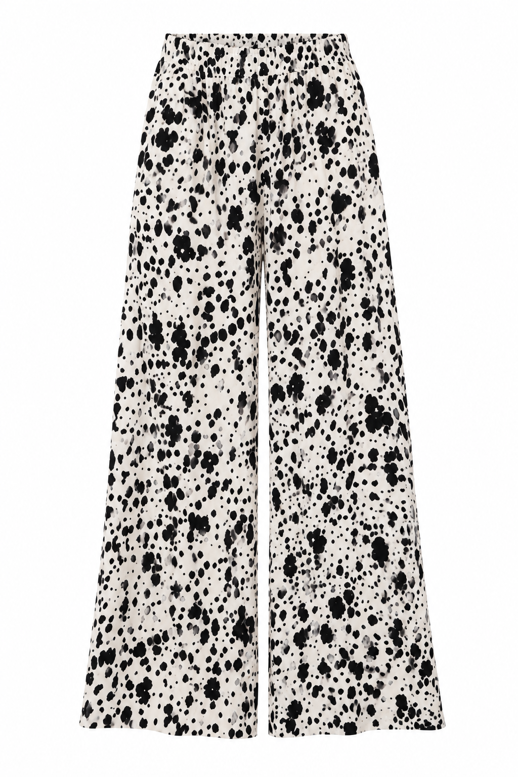 Fioroula white and black Dalmatian print wide-leg trousers shown from the front