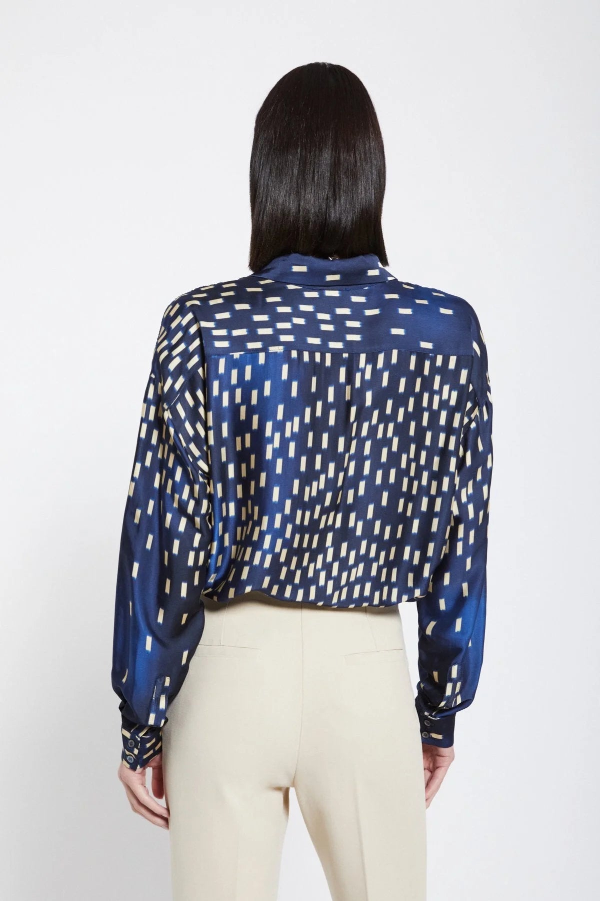 Back view of Ottod'Ame blue geometric printed shirt