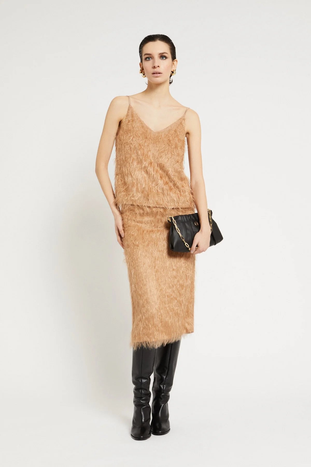 Ottod'Ame beige fluffy midi skirt styled with matching textured top