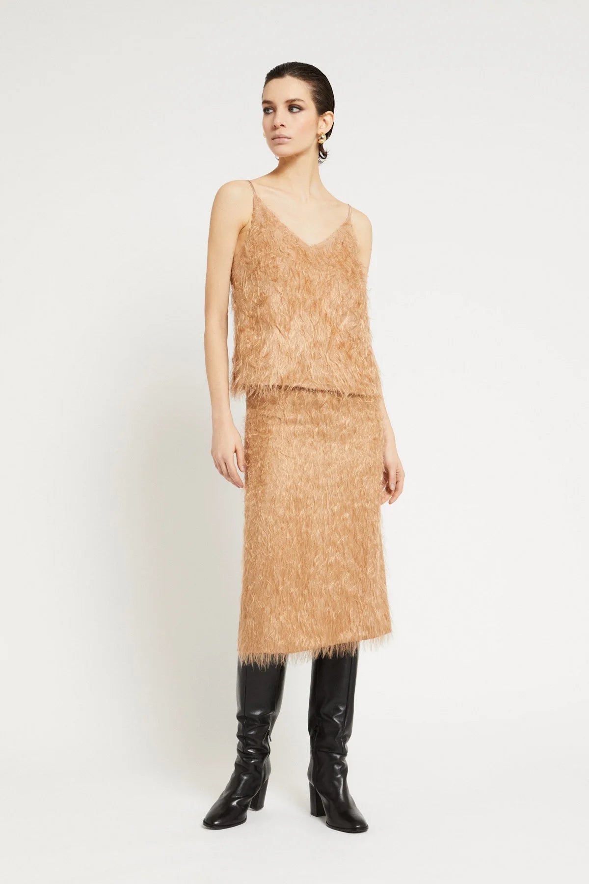 Ottod'Ame beige textured midi skirt with fluffy matching top and knee high boots