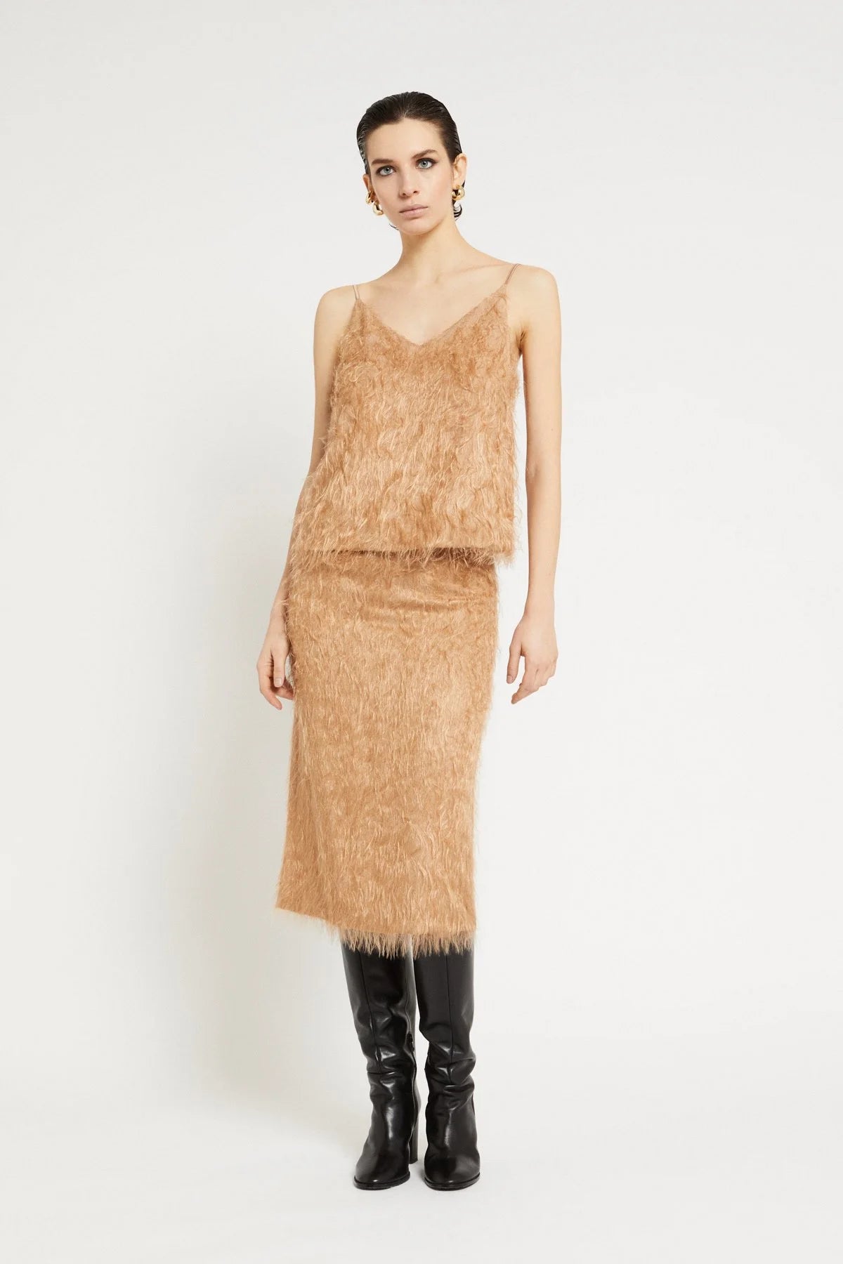 Ottod'Ame beige fluffy V-neck top and matching textured midi skirt