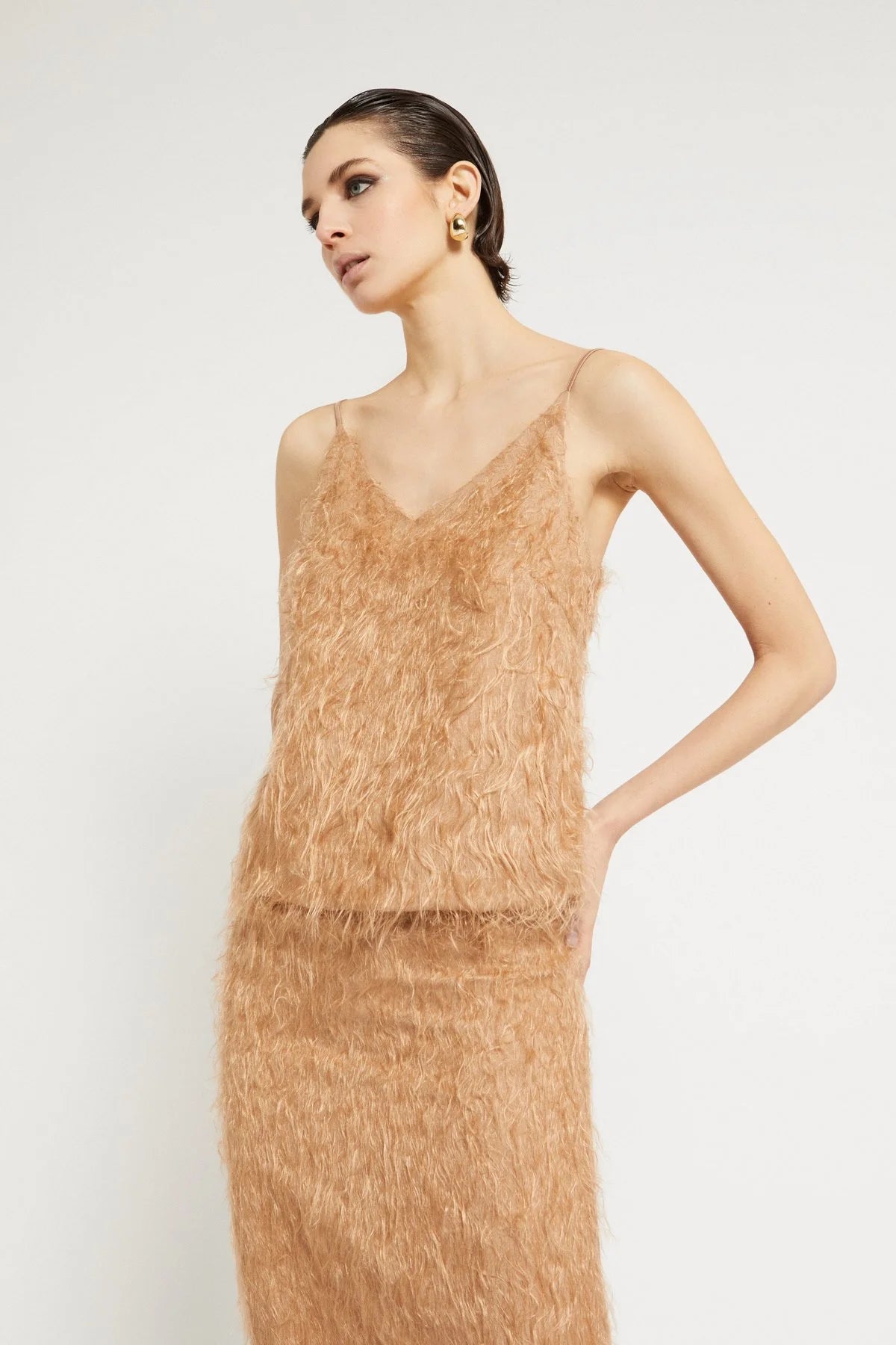 Ottod'Ame beige fluffy camisole top styled with matching midi skirt