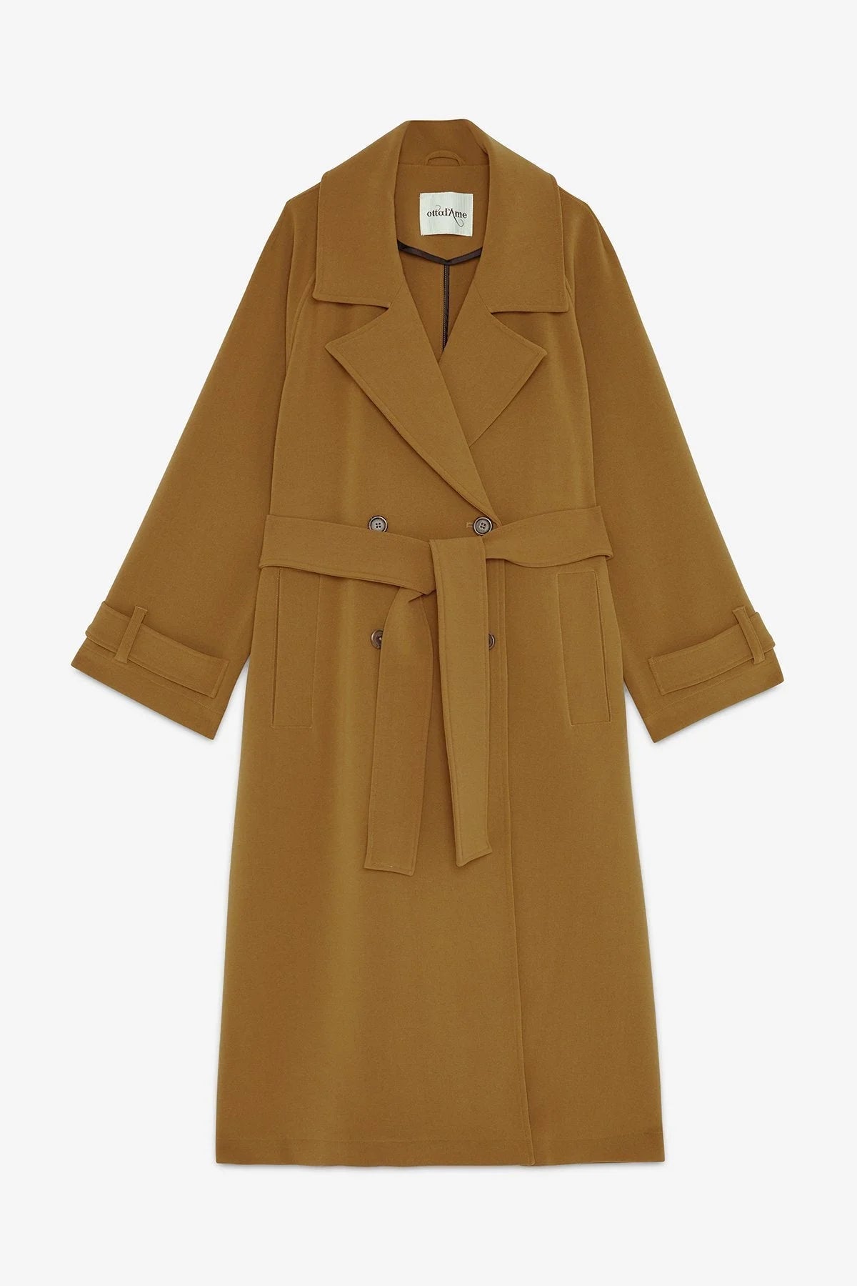 Camel double-breasted trench coat with oversized lapels and a belted waist.