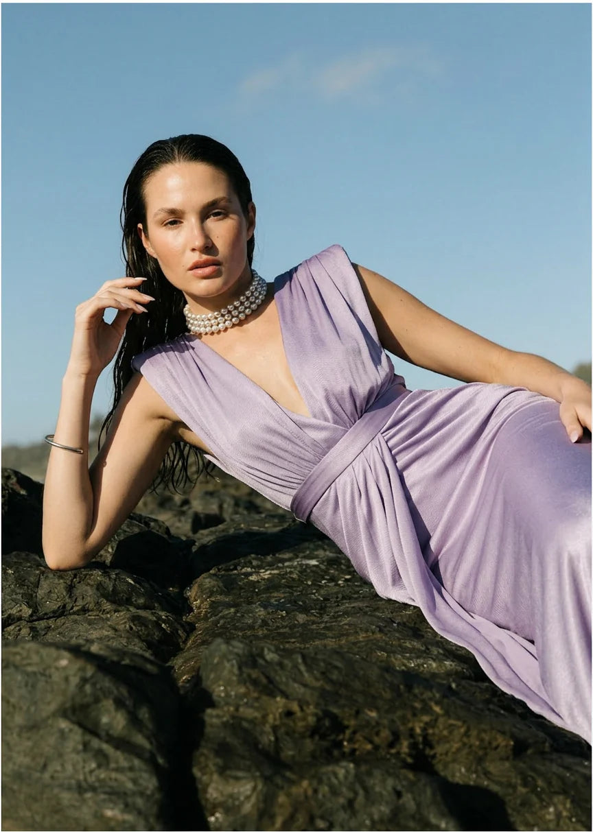 Lavender draped envelope evening maxi dress by SOPHiEL