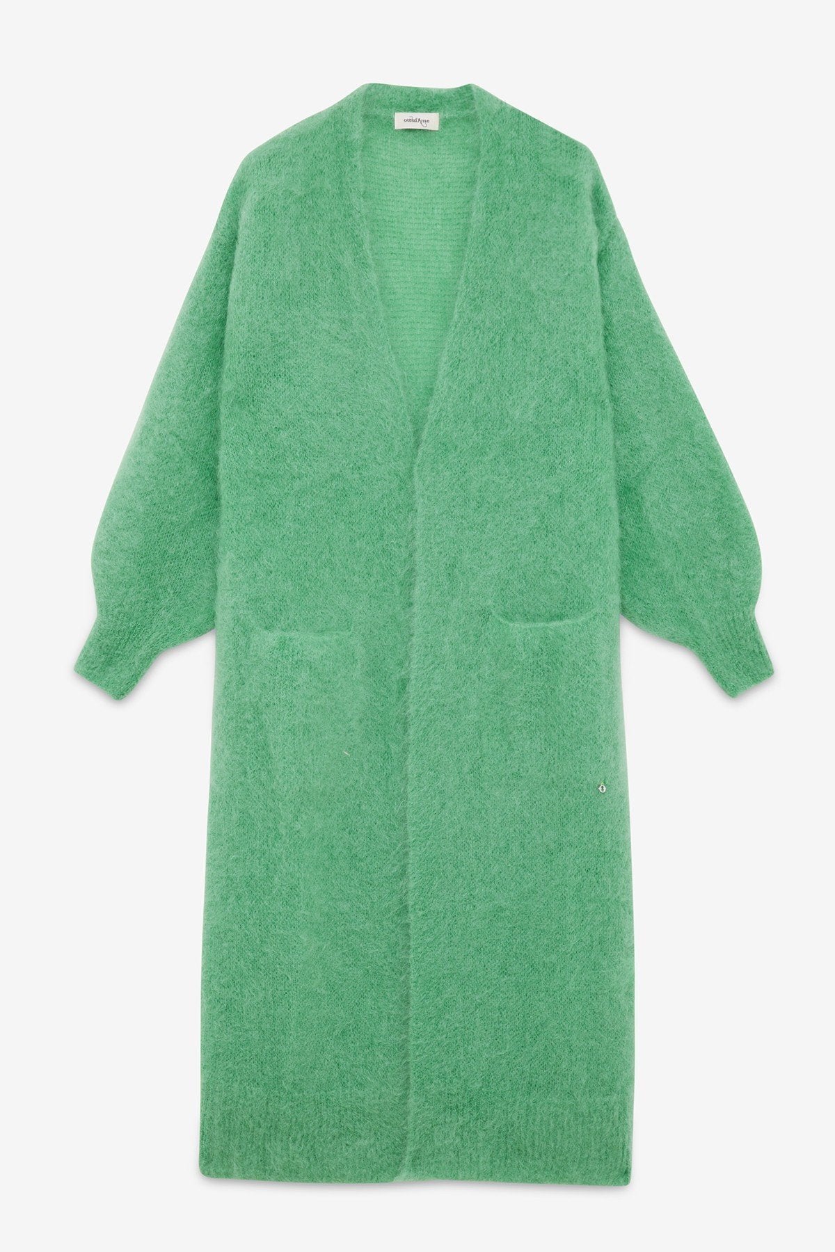 Ottod’Ame green mohair blend long cardigan with V-neckline, voluminous sleeves and front patch pockets.