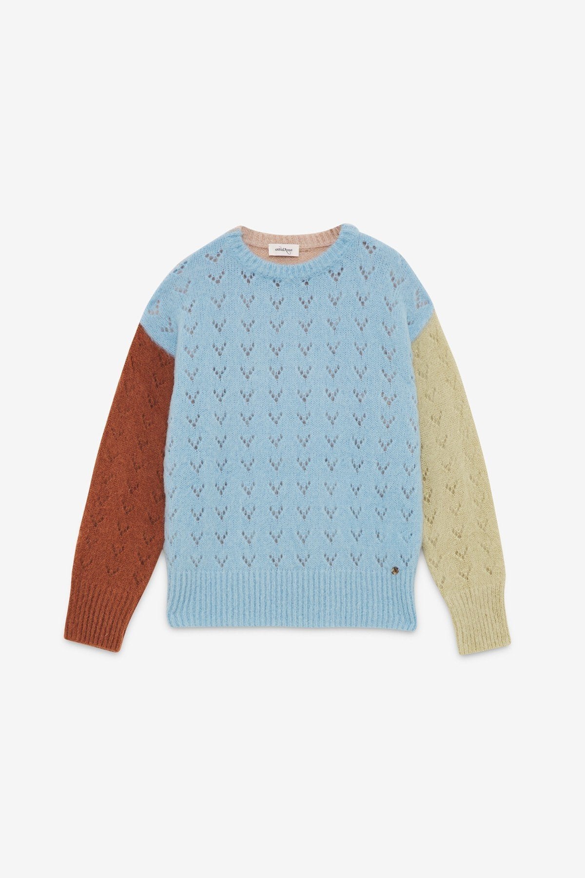Ottod’Ame multicolor mohair blend jumper with light blue body and rust and pale yellow sleeves.