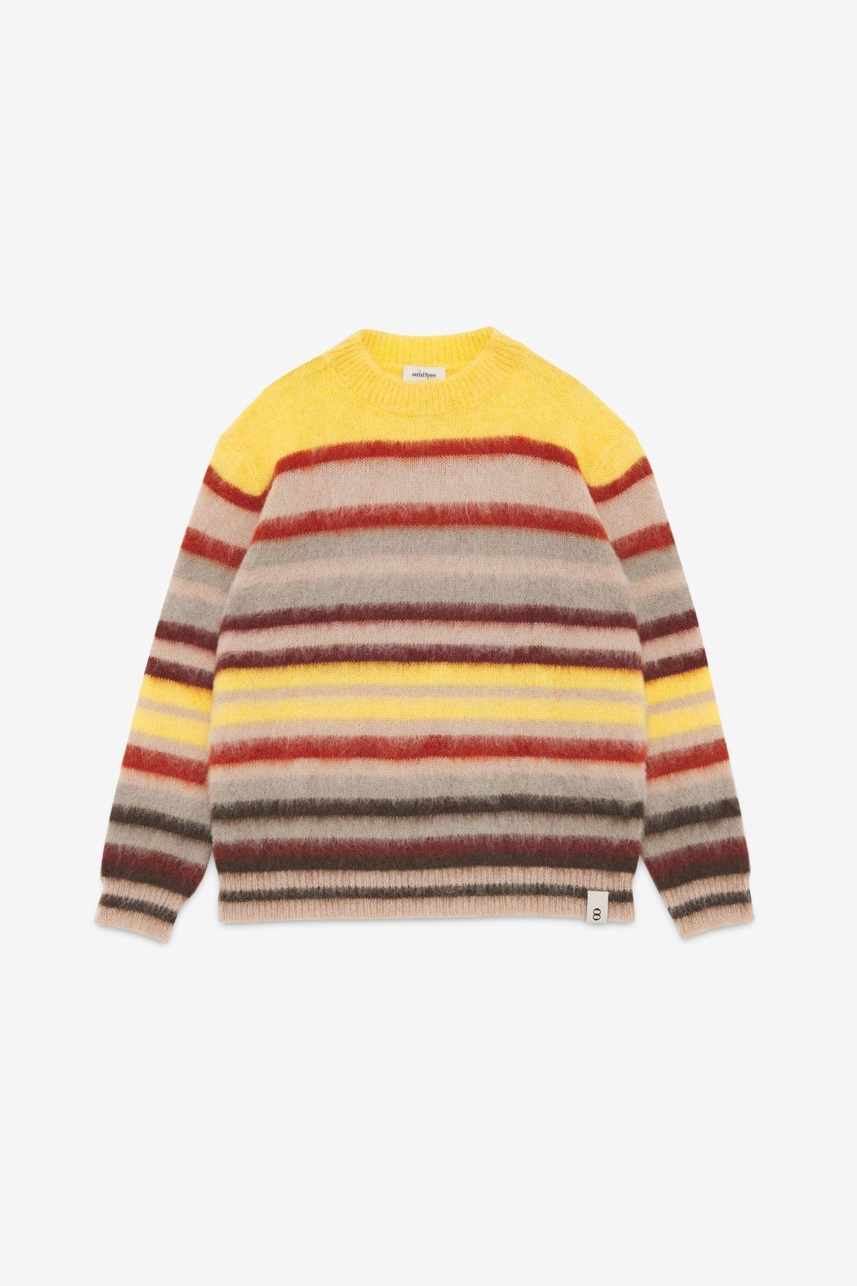 multicolor striped mohair blend jumper in yellow, burgundy, cream and brown, front product view.