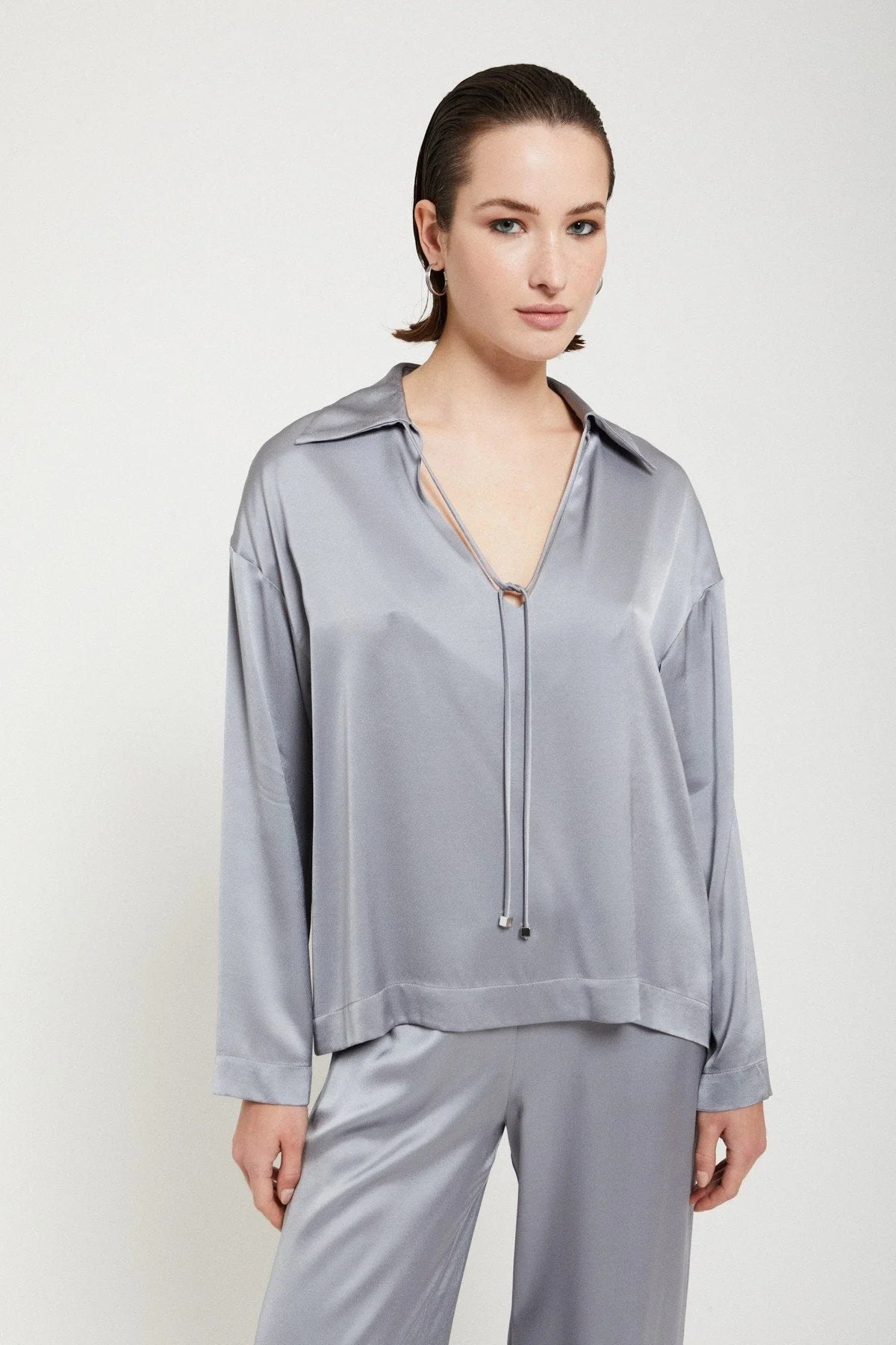 Grey Viscose Blouse with Drawstring