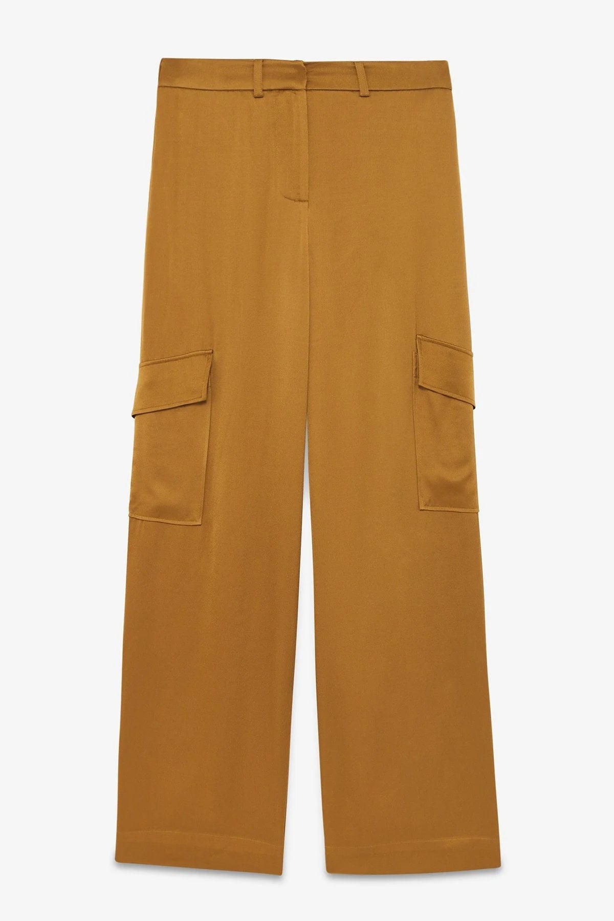 Ottod’Ame bronze-gold wide-leg viscose trousers with oversized cargo pockets, front product view.