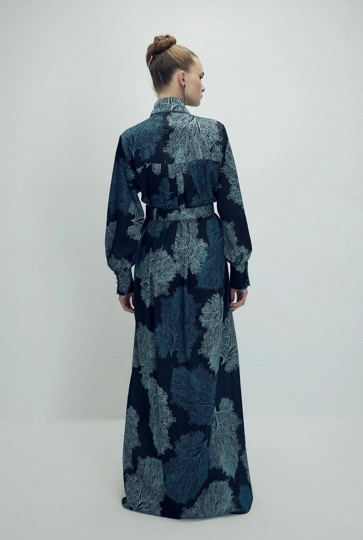 Latifah blue printed belted maxi shirt dress back view