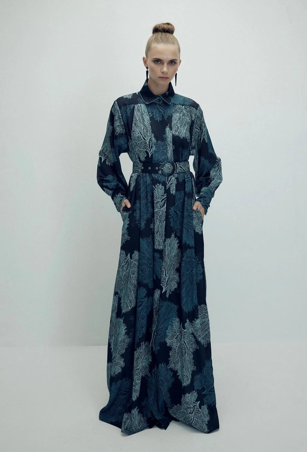 Latifah blue printed belted maxi shirt dress front view