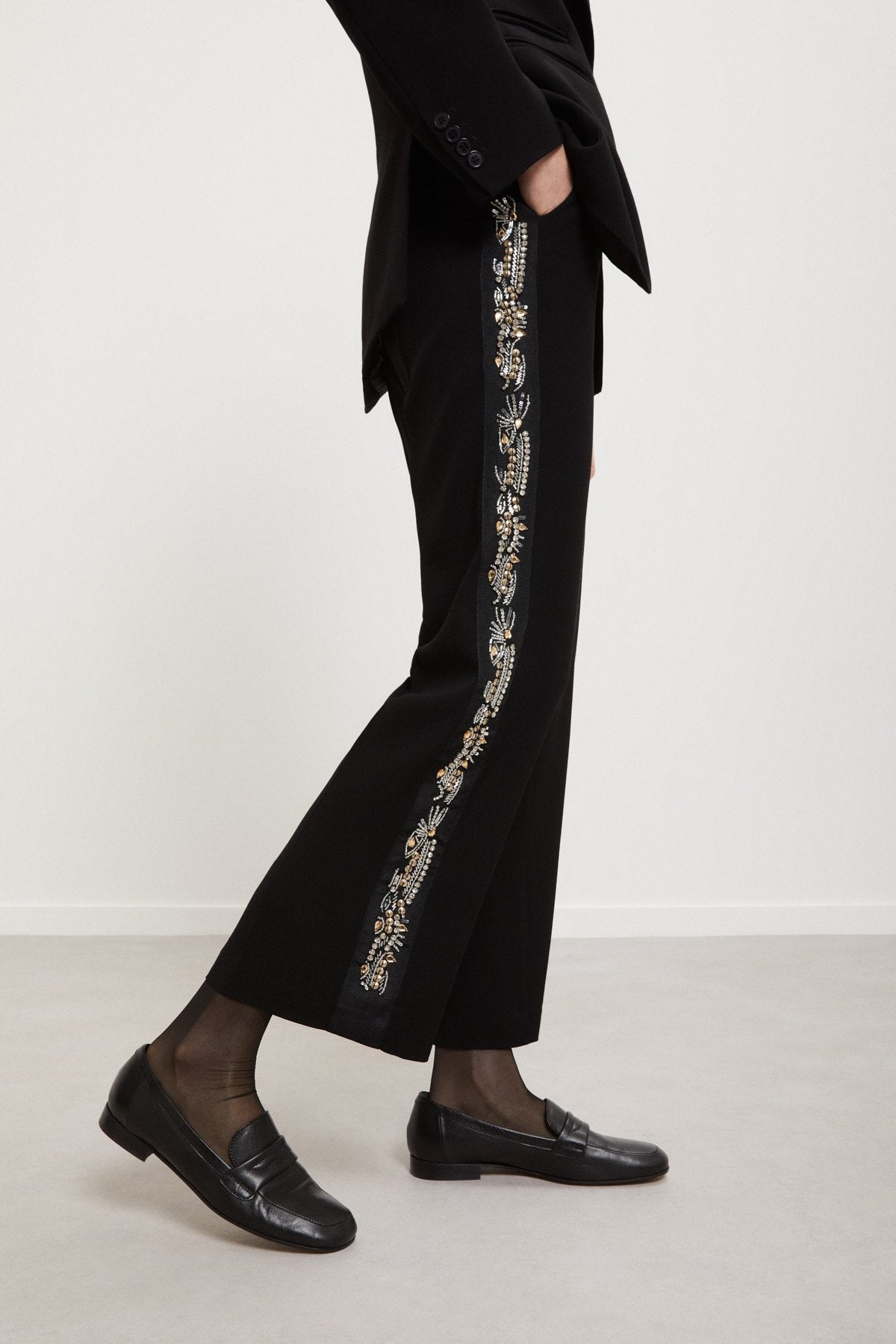 Ottod'Ame black embroidered palazzo trousers side view
