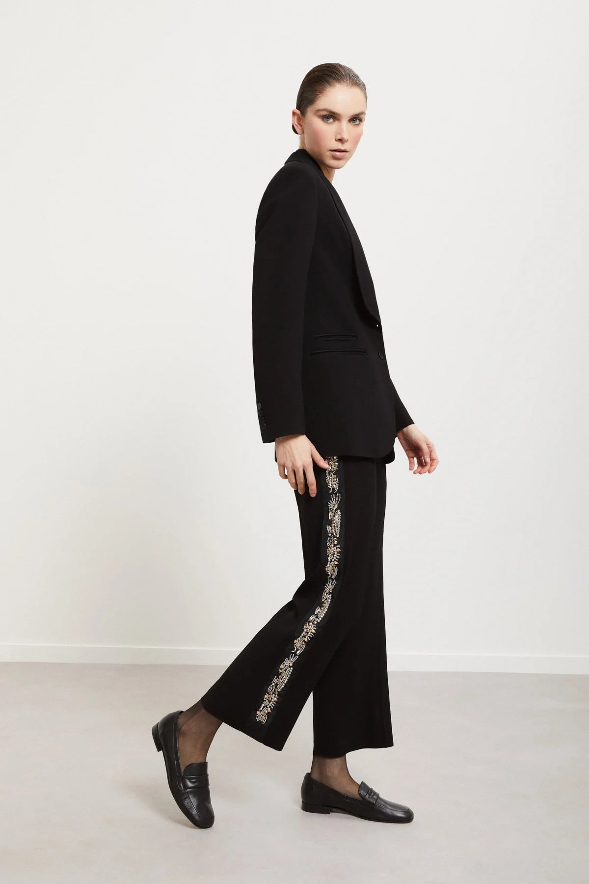 Ottod'Ame black wide-leg trousers with hand-embroidered side detail
