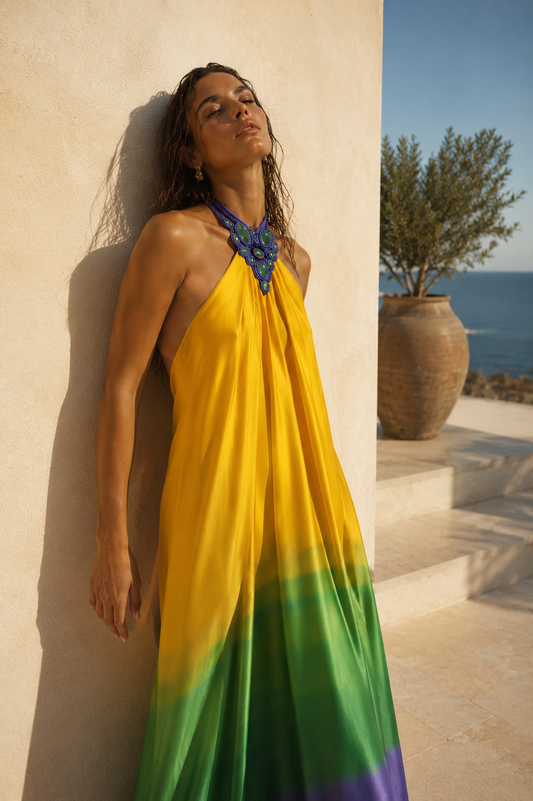 colorful backless halter maxi dress by SOPHiEL. Occasion wear, wedding Guest dresses