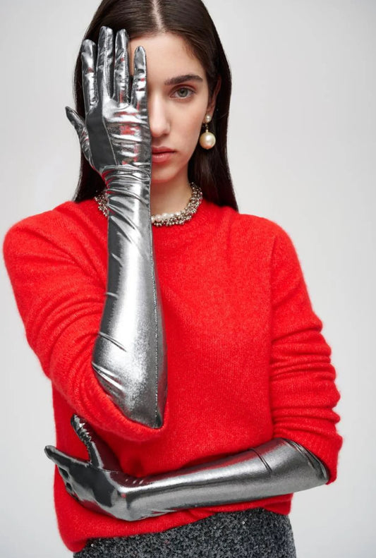 silver long evening gloves styled with elegant outfit