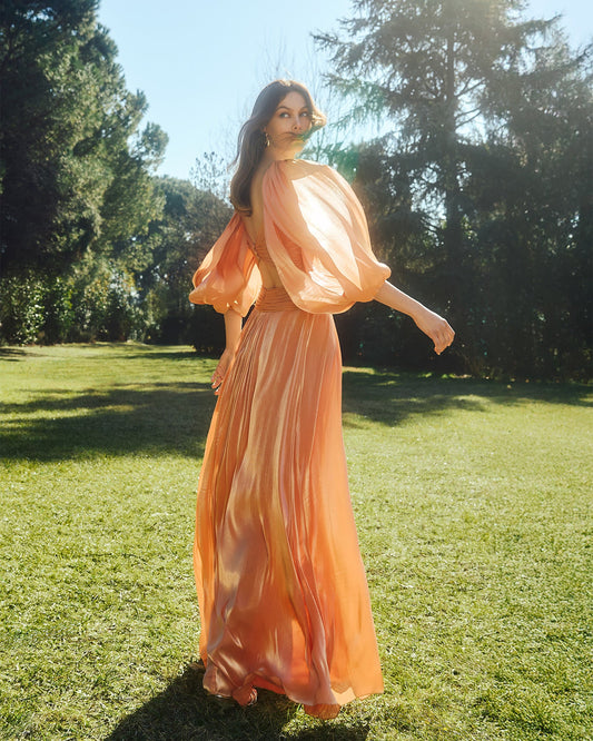 romantic open back peach chiffon maxi dress sophiel