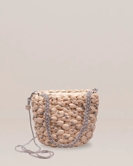 Handwoven raffia bucket bag with shoulder strap