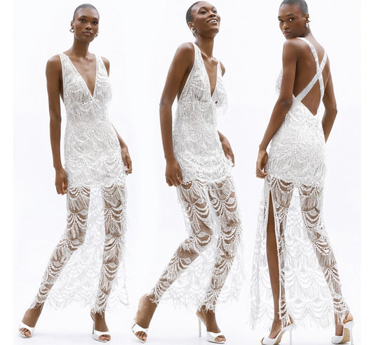 White Beaded Lace Evening Dress