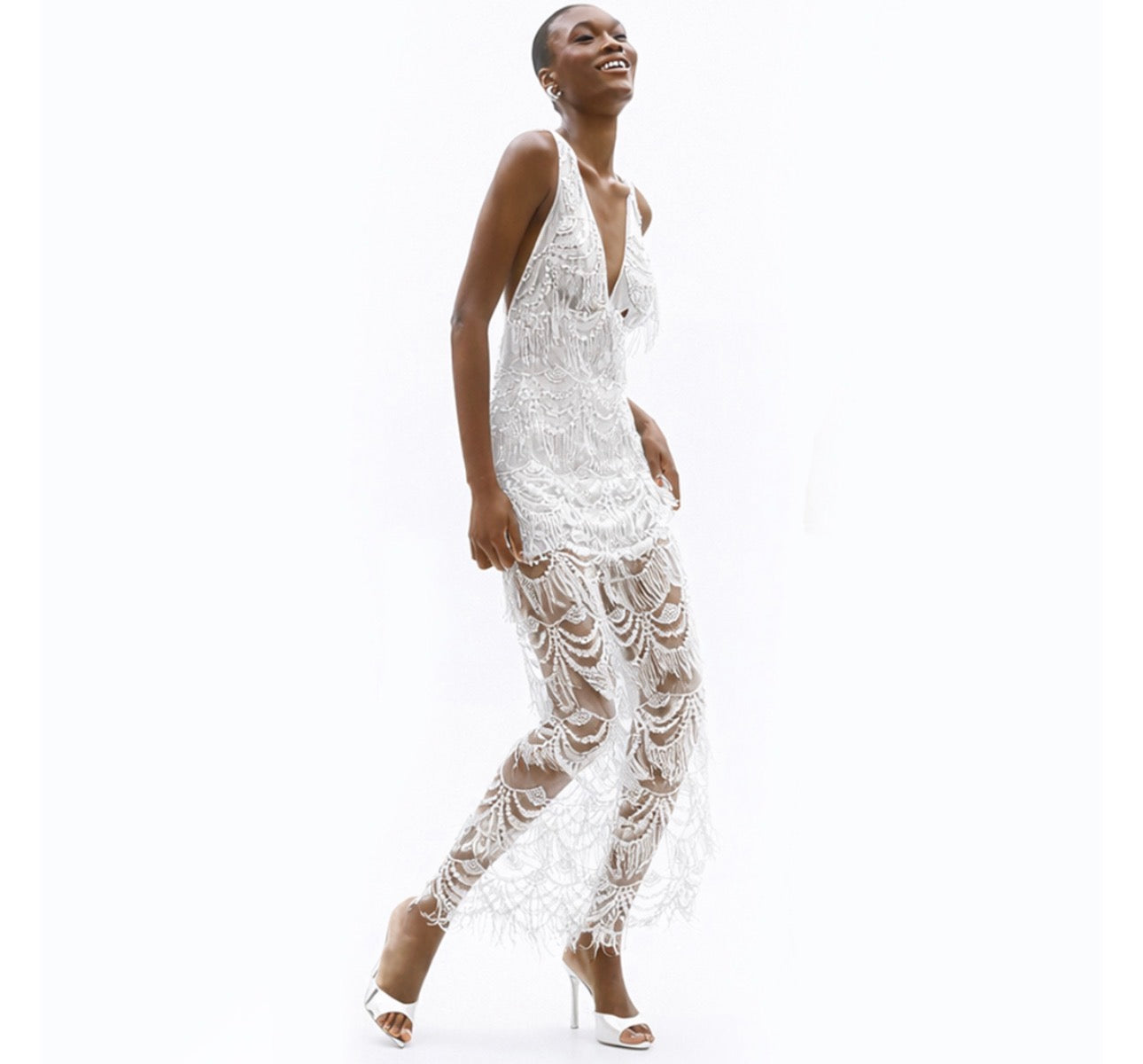 White Beaded Lace Evening Dress