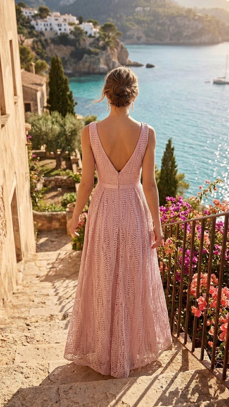 Romantic pink lace evening gown styled for elegant summer occasions
