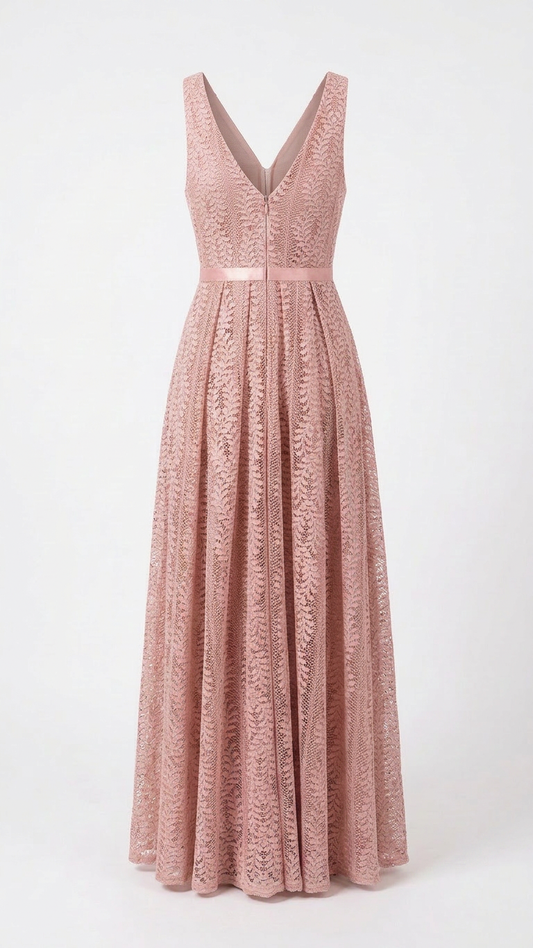 Back view of blush pink lace maxi occasion dress with flowing silhouette