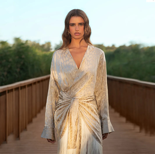 Elegant beige midi dress with fringe hem SOPHiEL