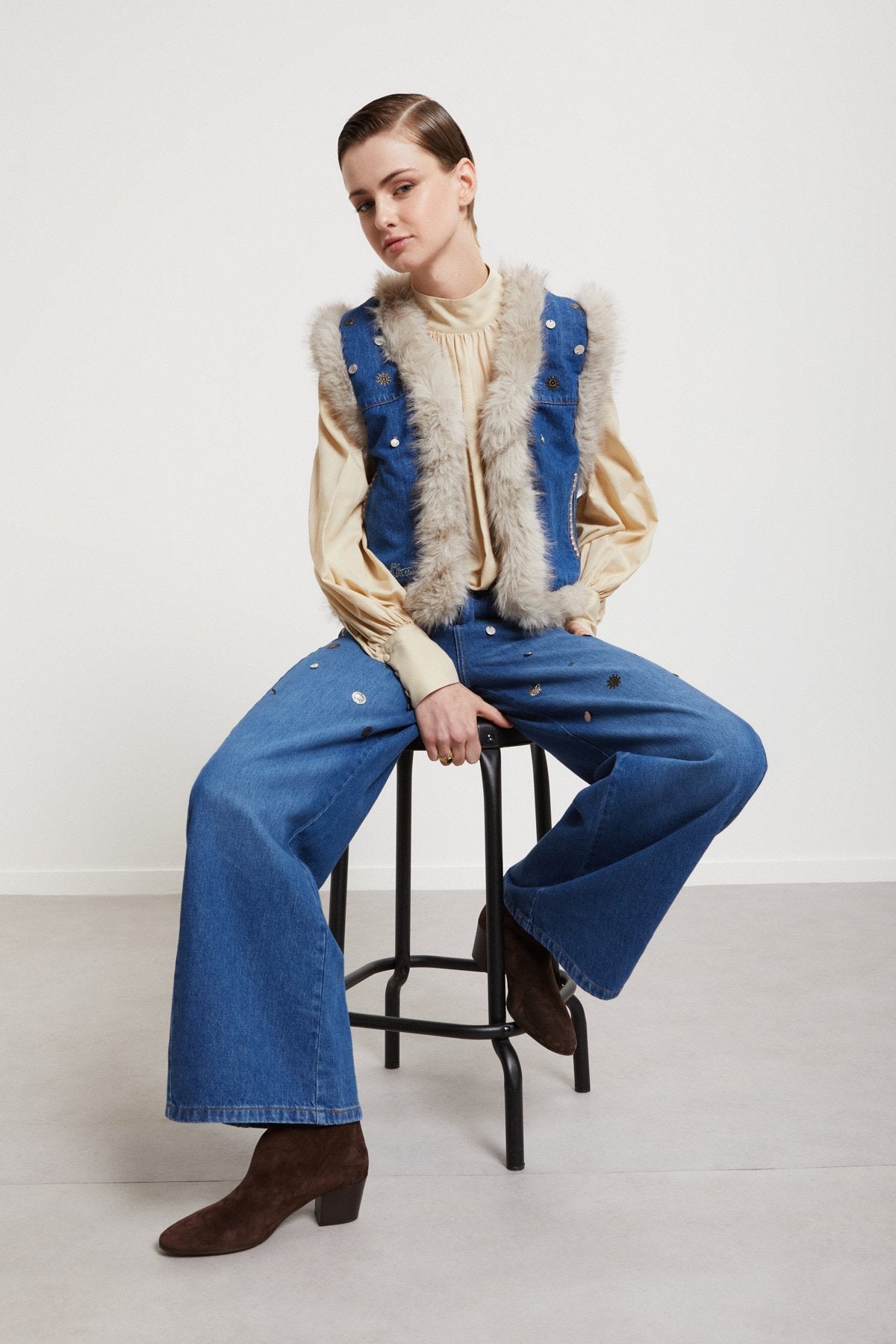 Ottod’Ame blue denim vest with embroidery and faux fur trim