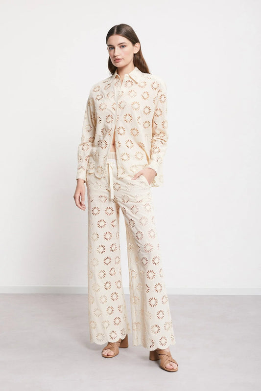 Cotton Cutwork Embroidered Wide-Leg Pants