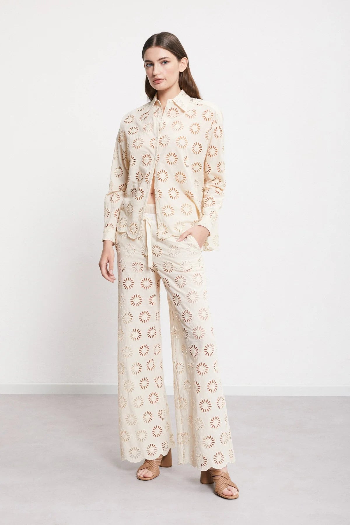 Cotton Cutwork Embroidered Wide-Leg Pants