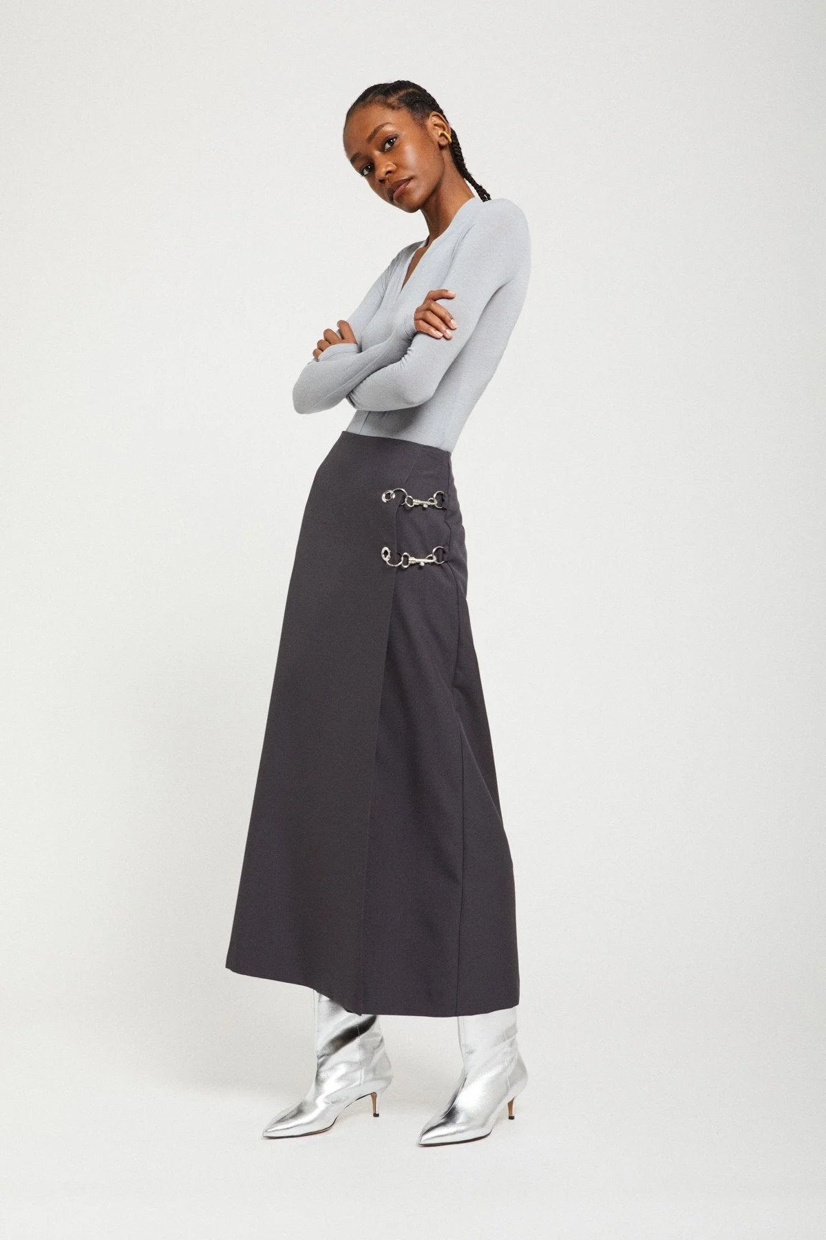 Ottod'Ame black grommet and chain maxi skirt styled with grey top