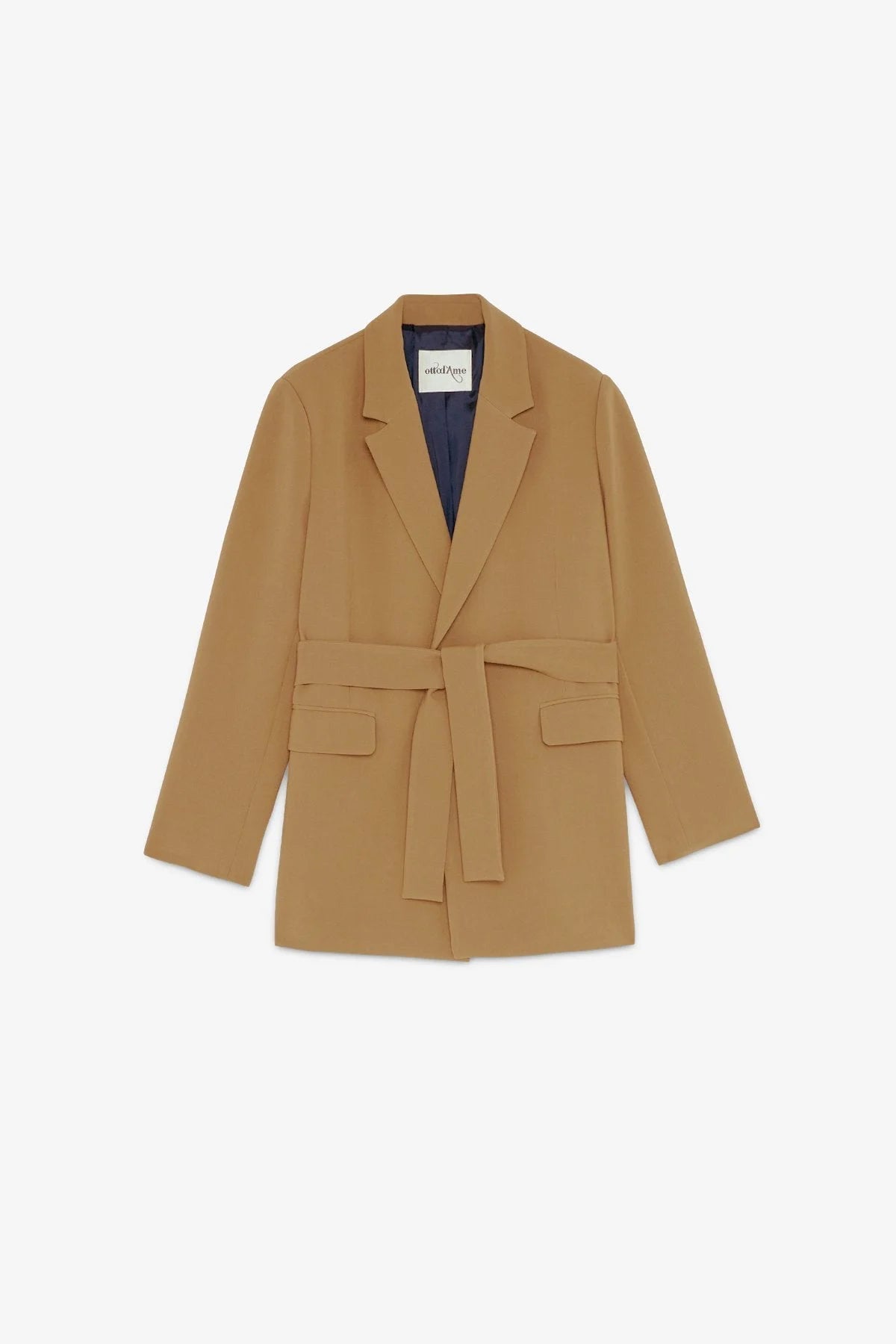 Ottod’Ame brown midi blazer with matching sash belt, long sleeves and tailored lapels.
