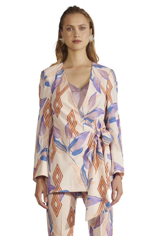 elegant printed two piece suit with wrap top